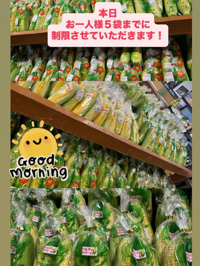 おはようございます☀
6月6日（金）9時オープンしました😊

🌽スイートコーン🌽
本日、お一人様５袋までに
制限させていただいております🙇‍♀️

【6月6日は
　楽器の日・邦楽の日・いけばなの日】
日付は昔から
「習い事・芸事は6歳の6月6日から始めると上達する」という言い伝えがあることにちなむ。また、数を指で折って数えると6の数字の時に小指が立つ形になり、「子が立つ」ともいわれ、縁起の良さもその由来とされる。

本日もご来店お待ちしております😊🙇‍♀️

#道の駅しろいし
#白石町